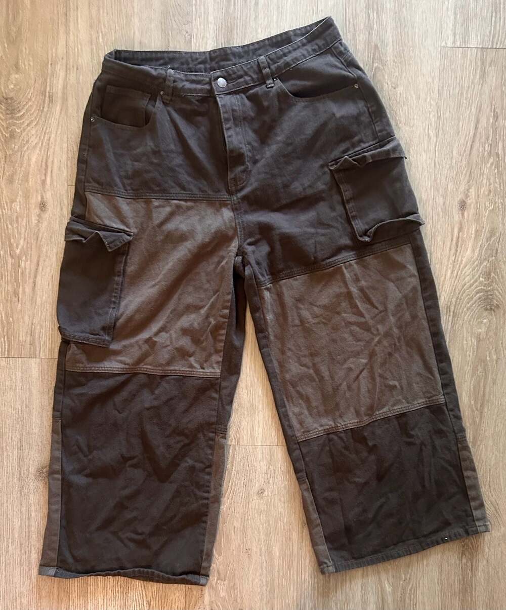 Cider Denim Two-Tone Patchwork Wide-Leg Cargo Pants SZ 0XL